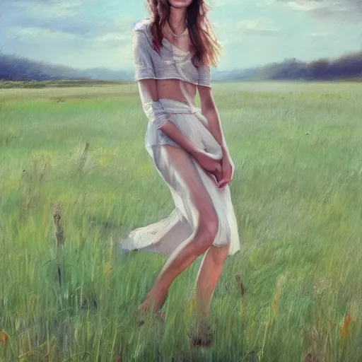 Image similar to a vogue model in a field, oil painting, pale colors, high detail, 8 k, wide angle, trending on artstation,