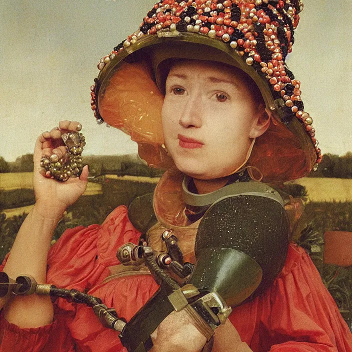 Image similar to a closeup portrait of a woman in a scuba helmet, wearing a dress made of beads, picking lemons in an orchard, color photograph, by jan van eyck, canon eos c 3 0 0, ƒ 1. 8, 3 5 mm, 8 k, medium - format print