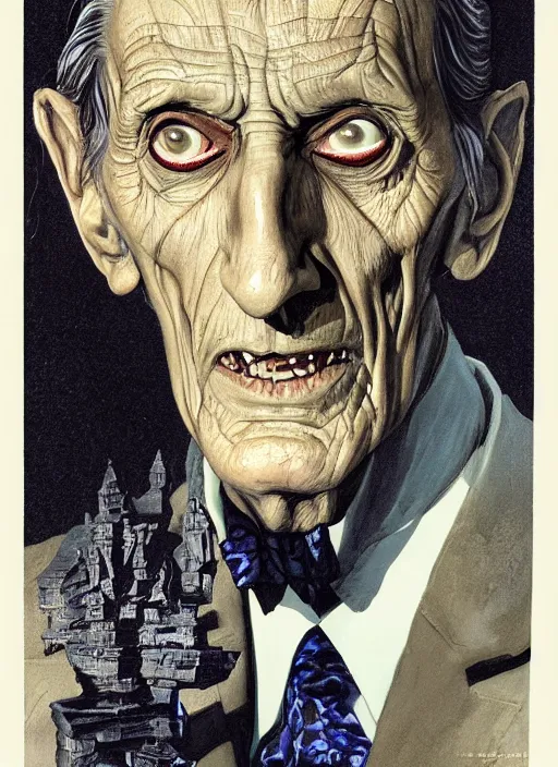 Image similar to portrait of Peter Cushing as Grimsdyke in Tales From the Crypt (1972), highly detailed, centered, solid color background, digital painting, artstation, concept art, smooth, sharp focus, illustration, artgerm, donato giancola, Joseph Christian Leyendecker, Les Edwards, Ed Repka, WLOP, Artgerm