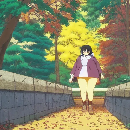 Prompt: anime visual of chubby hispanic woman wearing a yellow coat with long dark brown hair with bangs walking in the scenic park in fall, detailed, studio ghibli, exquisite lighting, clear focus, very coherent, art by hayao miyazaki,