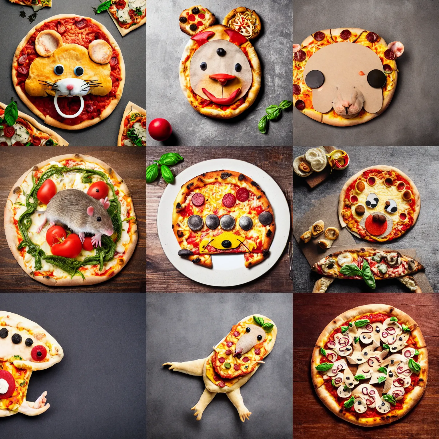 Prompt: a rat made of pizza, in the shape of a rat, on a table, professional food photography