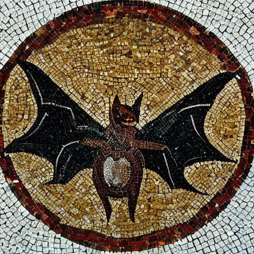 Image similar to medium shot Mosaic depicting a cute realistic pet bat looking left, from Italica, AD 176-275. Archaeological Museum, Seville. Byzantine mosaics, highly detailed, HQ, HD, beautiful, National Geographic,