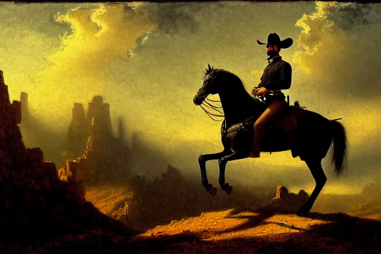 Image similar to an extremely detailed masterpiece photograph of a 1 8 9 0's gunslinger on his horse, gun drawn while overlooking an old town, in the style of albert bierstadt, epic scene, extremely moody lighting, cinematic, 8 k