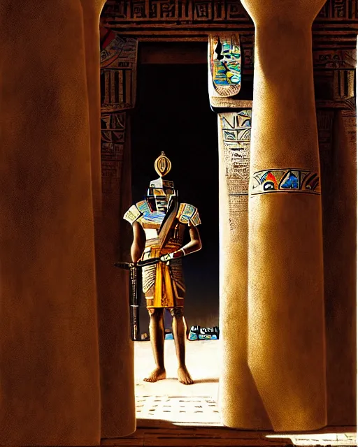 Image similar to expressive portrait of ancient nubian temple guard, armed with a long curved sword, dressed in leather and robes, standing guard of an old egyptian temple gate, mystical light, lots of ornaments, art by craig mullins and anders zorn