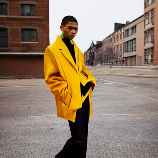 Prompt: realistic photoshooting for a new raf simons lookbook color film photography portrait of a beautiful woman model wearing a workwear jacket, photo in style of tyler mitchell