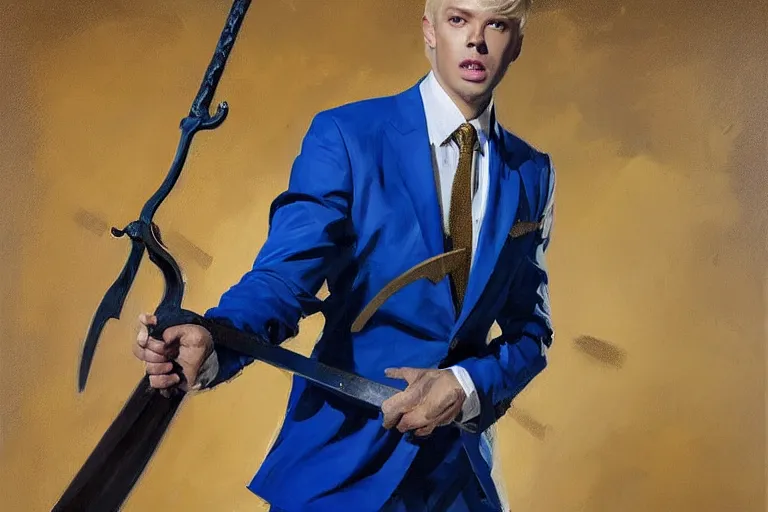 Image similar to greg manchess portrait painting of a blond man in a blue suit with a sword and a pistol, asymmetrical, profile picture, organic painting, sunny day, matte painting, bold shapes, hard edges, street art, trending on artstation, by huang guangjian, gil elvgren, ruan jia, randy vargas, greg rutkowski