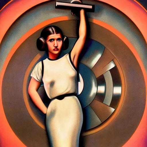 Prompt: princess leia, 1 9 3 0 s goddess, in front of round, art deco death star window, iconic, decorated by fritz lang and ralph mcquarrie, hyperrealistic full figure, by george tooker, fantasy art, intricate detailing, dynamic lighting, artstation, full figure poster, very detailed face, 4 k,