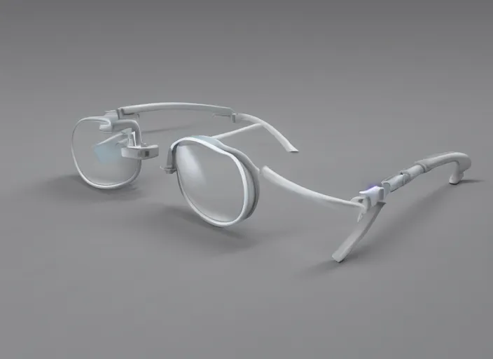 Prompt: white futuristic glasses layed on a marble table, hyper detailed, 8k resolution, studio lighting, 3D model, ray tracing