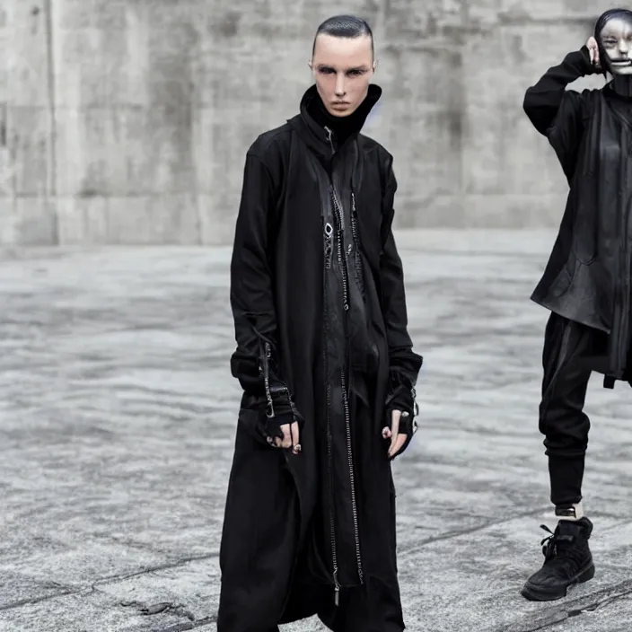 Image similar to Beautiful androgynous model, techwear look and clothes, Rick Owens, hot on r/Streetwear, outfit photo