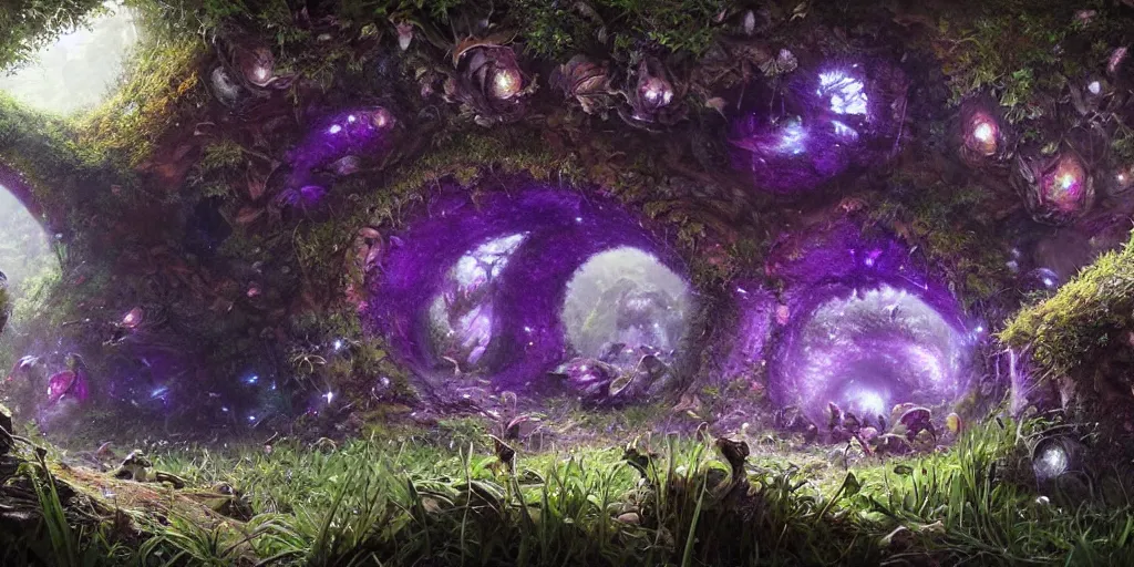 Prompt: beautiful hyper realistic zergling tunnel cave of purple crystals, overgrowth of grass, plants, mushrooms, beautiful painting by greg rutkowski set in lord of the rings, starcraft, atmosphere, ethereal, magic, amazing, positive vibes