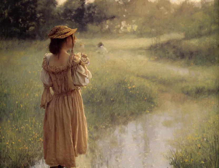 Prompt: peasant girl trying new dress, cottage core, cinematic focus, polaroid photo bleached vintage pastel colors high - key lighting, soft lights, foggy, by steve hanks, by lisa yuskavage, by serov valentin, by tarkovsky, 8 k render, detailed, oil on canvas