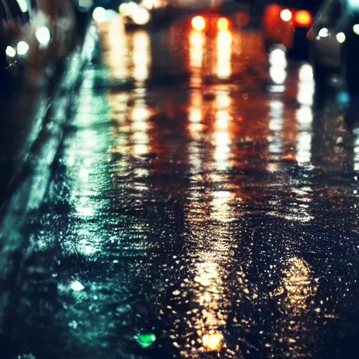 Image similar to zoomed in iphone photo rainy night in the city, reflections, car lights