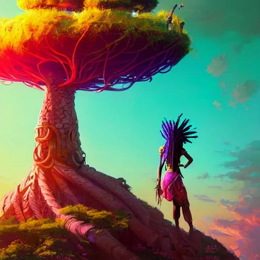 Image similar to an exotic african cyberpunk woman with colorful dreadlocks sitting on a cliff overlooking a field of colorful flowers with a giant glowing baobab tree in the middle, it is sunset, by greg rutkowski and android jones and Alena Aenami in a surreal cyberpunk! style, oil on canvas, 8k hd,