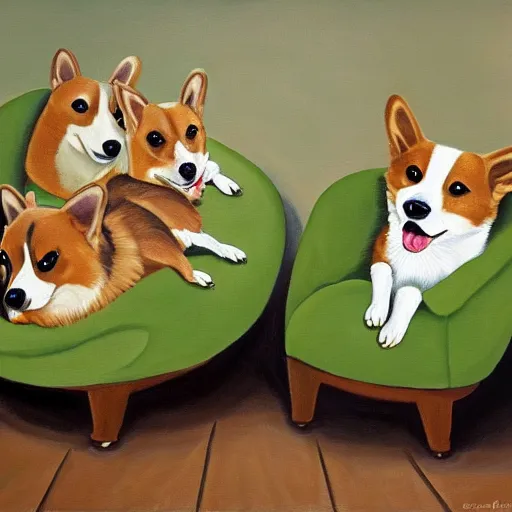 Image similar to painting of an army of avocado armchairs battling corgis riding corgis