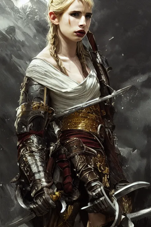 Image similar to young emma roberts, legendary warrior, heroic fighter, lord of the rings, tattoos, decorative ornaments, battle armor, omar ortiz, carl spitzweg, ismail inceoglu, vdragan bibin, hans thoma, greg rutkowski, alexandros pyromallis, perfect face, sharply detailed, centered, rule of thirds, realistic shading, photorealism