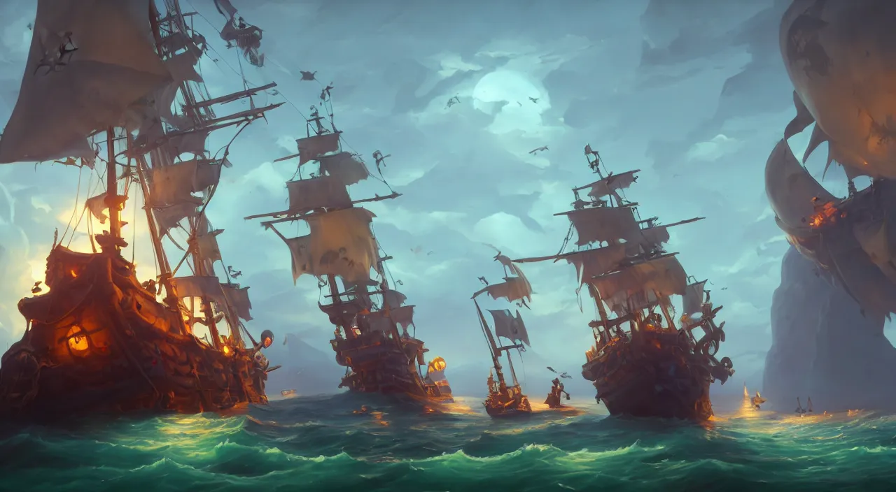 Image similar to pirates on a ghost ship with the Jolly Roger flag in the ocean, volumetric lighting, fantasy art overwatch and heartstone video game icon, a detailed matte painting, by RHADS, cgsociety, matte painting, artstation hq, octane render, 8k, by makoto shinkai and Beeple Jorge Jacinto ,Tyler Edlin, philipsue on artstation