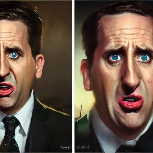 Prompt: hyper realistic, surreal, portrait of michael scott making silly absurd faces, painted by greg rutkowski, wlop, loish,