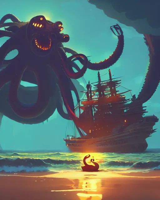 Image similar to a gigantic glowing kraken attacking a big pirate ship, deep water, cory loftis, james gilleard, atey ghailan, makoto shinkai, goro fujita, studio ghibli, rim light, exquisite lighting, clear focus, very coherent, plain background, soft painting