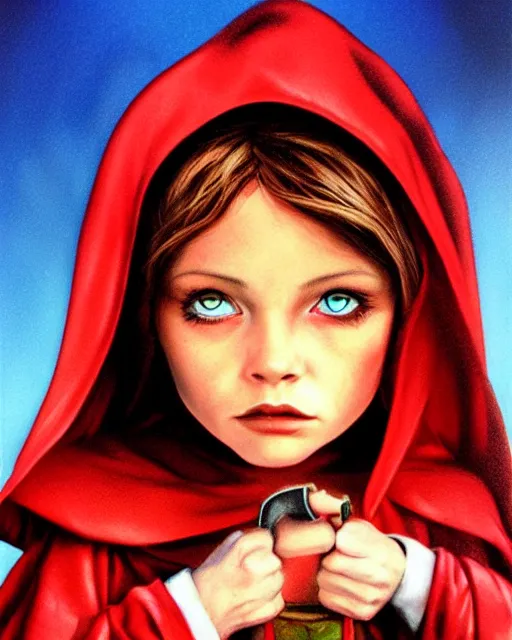 Image similar to little red riding hood, airbrush, drew struzan illustration art, key art, movie poster