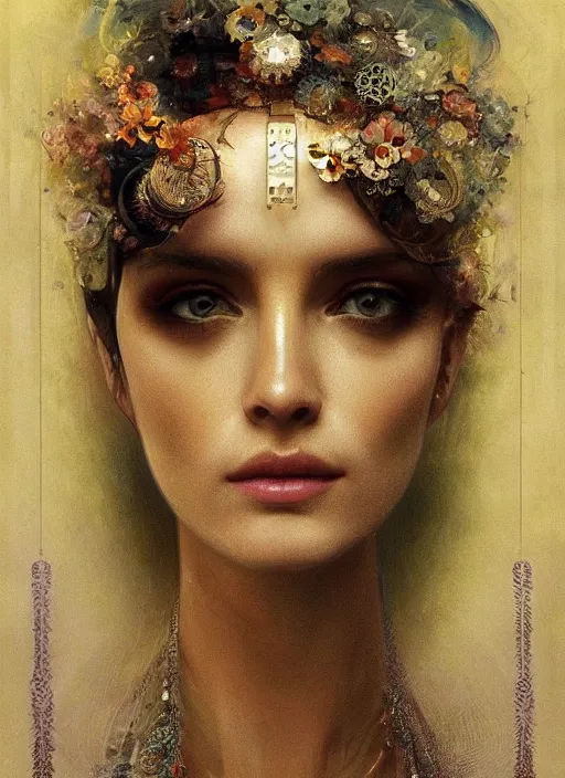 Image similar to a highly detailed photo of very intricate female face portrait, futurism, rococo cyber neon lighting, detailed futuristic fibonacci jewelry, profile posing, hyper photorealistic, trending in pinterest, cinematic, 4 k ultra hd, by denis villeneuve tom anders zorn hans dragan bibin thoma greg rutkowski ismail inceoglu illustrated sand storm alphonse mucha