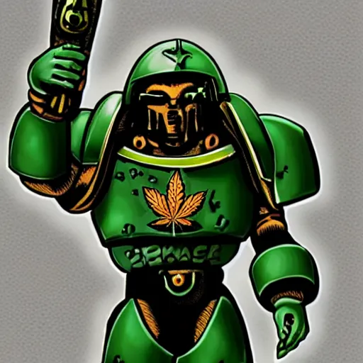 Image similar to a space marine in green armor with cannabis leafs as insignia, comic style