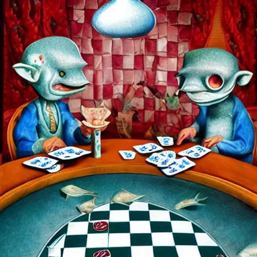 Prompt: two fishes sitting at a table playing cards, at the bottom of the sea, the table has a checkered table cloth, hyperdetailed, cinematic light, lowbrow surrealistic, in the style of mark ryden,