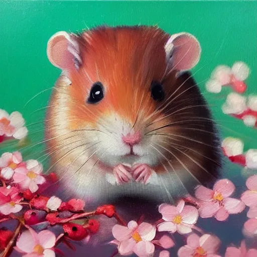 Image similar to beautiful oil painting of a hamster sitting in a colorful wide field full of cherry blossoms, artstation, high details