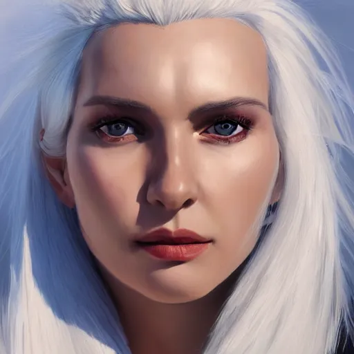 Image similar to a painting of a woman with white hair, a character portrait by pogus caesar, featured on cgsociety, photorealism, detailed painting, artstation hd, ultra detailed