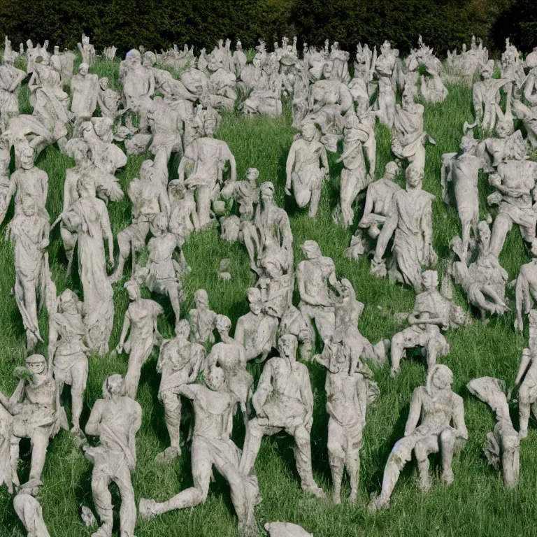 Prompt: army of bloody marble statues in a field of grass, film photo, soft lighting album cover, nostalgia, gradient