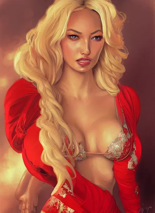 Image similar to lindsey pelas wearing a red kebaya, digital painting, artstation, concept art, sharp focus, illustration, art by artgerm and greg rutkowski and alphonse mucha