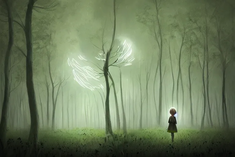 Image similar to giant white daisy flower head, girl walking in dark forest, surreal photography, dark night, stars, moon light, impressionist painting, clouds, digital painting, artstation, simon stalenhag