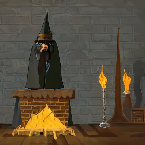 Image similar to abandoned alchemy lab, wizard hat on a stool, sword on the wall above a fireplace with embers in it, a picture of an ominous wizard on the wall