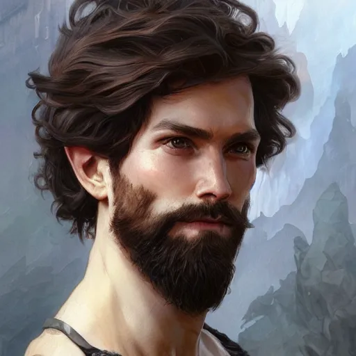 Image similar to portrait of a rugged male, D&D, fantasy, intricate, elegant, highly detailed, digital painting, artstation, concept art, smooth, sharp focus, illustration, art by artgerm and greg rutkowski and alphonse mucha