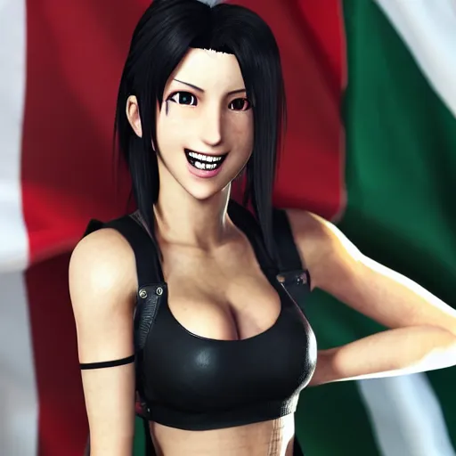 Prompt: Tifa Lockhart from Final Fantasy VII Remake (2020) laughing with the Italian flag in the background, wearing a white top