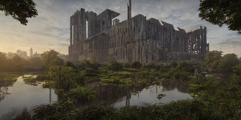 Prompt: an extremely detailed cathedral of brutalist architecture, surrounded by lush green forest, ponds of water, stunning volumetric lighting, sunset, rusted steel, smooth concrete, stunning skies, trending on Artstation, 8k, photorealistic, hyper detailed, unreal engine 5, IMAX quality, cinematic, epic lighting, in the style of Greg Rutkowski