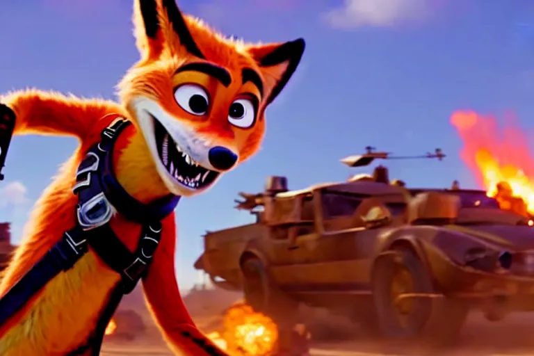 Image similar to nick wilde, heavily armed and armored facing down armageddon in a dark and gritty reboot from the makers of mad max : fury road : witness me