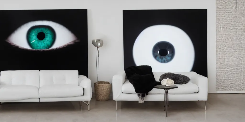 Image similar to photograph of a white leather couch with a huge photograph of a human eye on the wall behind it, ultra wide angle lens, hyperreal, super sharp photography