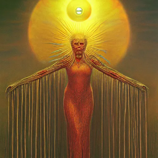 Image similar to The queen of the sun by Zdzislaw Beksinski and H.R. Giger, oil on canvas, 8k highly professionally detailed, trending on artstation