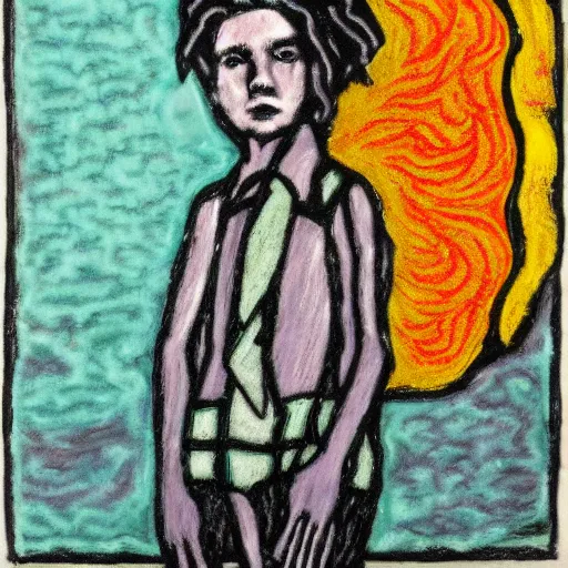 Prompt: artificial pastel by billy childish. a beautiful computer art of a bright & fiery soul a power to do great things ; but i fear you may one day unleash such a tempest of fire that you may consume yourself, & all the world around you.