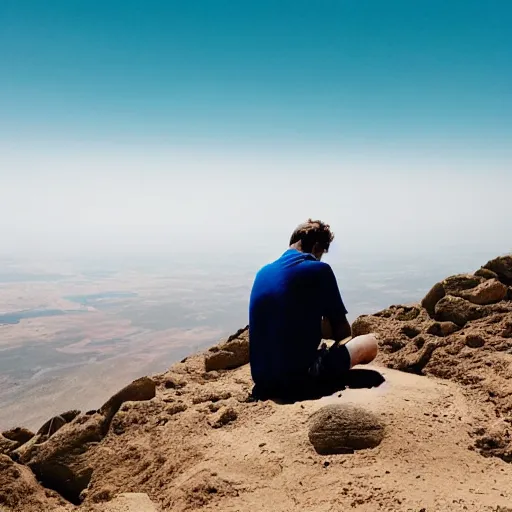 Image similar to man sitting on top peak mountain cliff looking at huge sand tornado