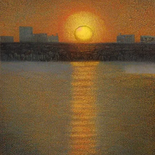 Image similar to sunrise over the dnipro river, by ivan marchuk