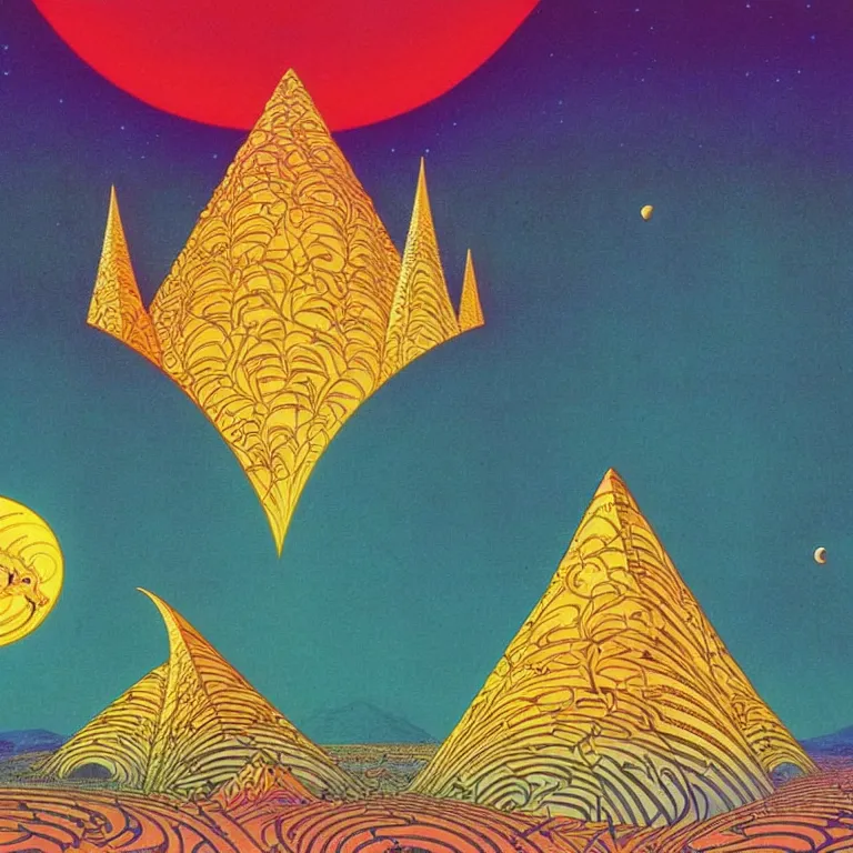 Image similar to cosmic pyramids, crescent moon, desert journey, bright neon colors, highly detailed, cinematic, eyvind earle, tim white, philippe druillet, roger dean, ernst haeckel, lisa frank, aubrey beardsley, hiroo isono