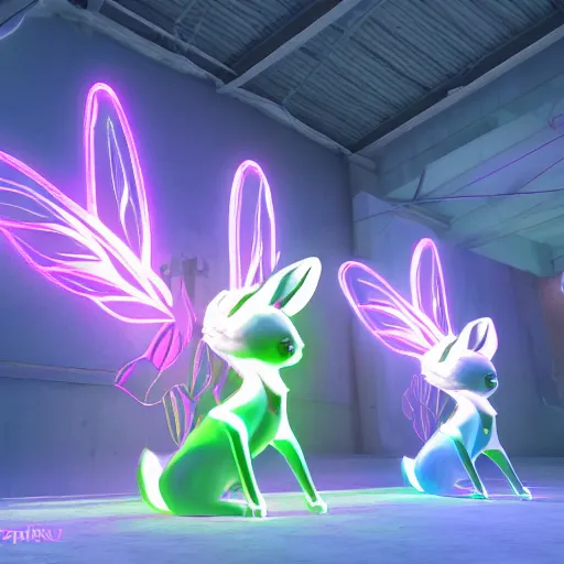 Image similar to neon fluorescent, iridescent cute bunny rabbits with fairy wings cyperpunk 2 0 7 7, unreal engine 5, 8 k ultra realistic, hyperdetailed, volumetric lighting, extremely high quality