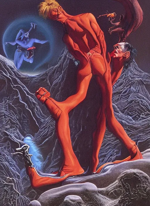 Prompt: twin peaks poster art, david bowie fighting his doppelganger gemini good and evil fantasy by, wayne barlowe, boris vallejo, aaron horkey, old retro pulp, by michael whelan, rossetti bouguereau, artgerm, nostalgic, old fashioned