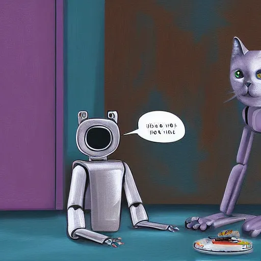 Prompt: robots having a discussion in front of a cat, digital painting