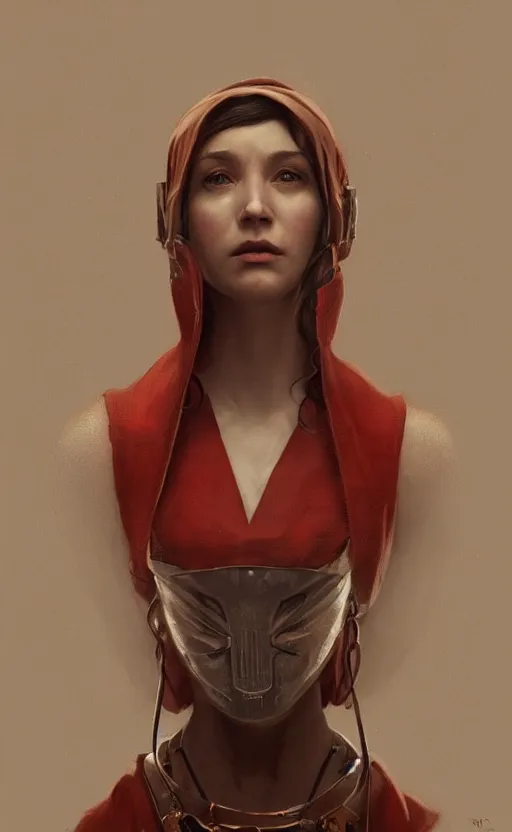 Image similar to portrait of a dystopian woman wearing an outfit inspired by the handmaid ’ s tale ( 2 0 1 7 ), intricate, headshot, highly detailed, digital painting, artstation, concept art, sharp focus, cinematic lighting, digital painting, art by artgerm and greg rutkowski, alphonse mucha, cgsociety