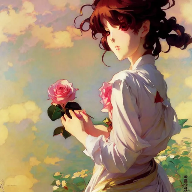 Image similar to beautiful rose anime girl, krenz cushart, mucha, ghibli, by joaquin sorolla rhads leyendecker, by ohara koson