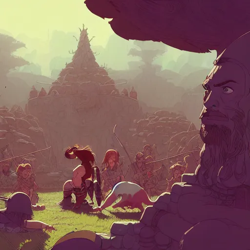 Image similar to conan the barbarian in the park, surrounded by children, illustration, wide shot, subtle colors, concept art by josan gonzales and wlop, laurie greasley, jordan grimmer and james jean, highly detailed, sharp focus, trending on artstation, hq, deviantart, art by artgem