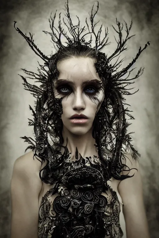 Image similar to a portrait of female model by stefan geselle and nekro borja, photorealistic, intricate details, hyper realistic, dark fantasy, ornate headpiece, dark beauty, photorealistic, canon r 3, photography, wide shot, photography, dark beauty, symmetrical features, wide angle shot, whole body, full body shot, 3 / 4 shot