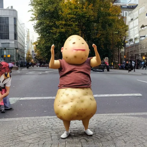 Prompt: a potato man in the middle of the city breakdancing